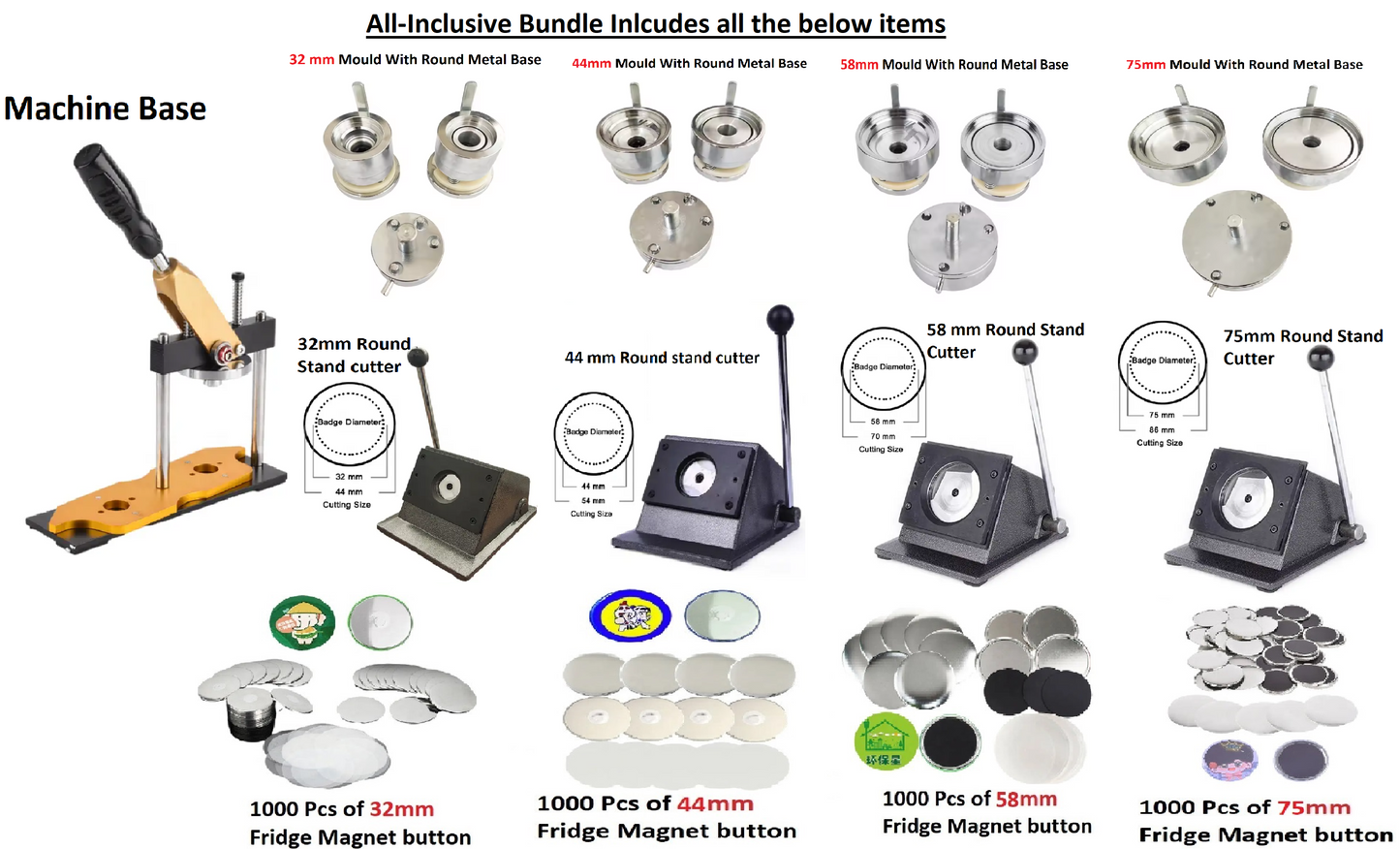 Rotary High-Quality Keychain, Magnet & Badge Machine Bundle: Includes Interchangeable Mould, Paper Cutter and 1000 Sets of Materials